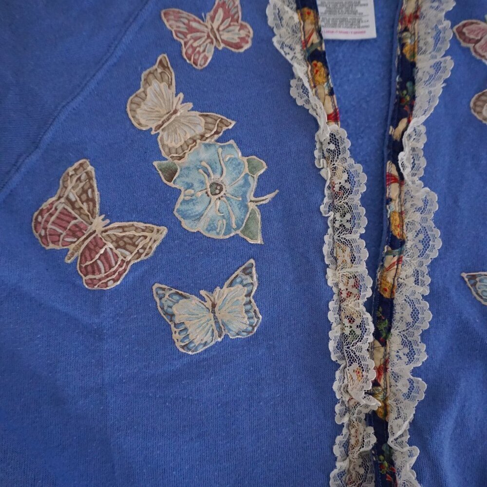 Vintage Hanes Her Way Blue Butterfly Lace Design Cotton Blend Sweater Cardi Xl - Picture 9 of 11